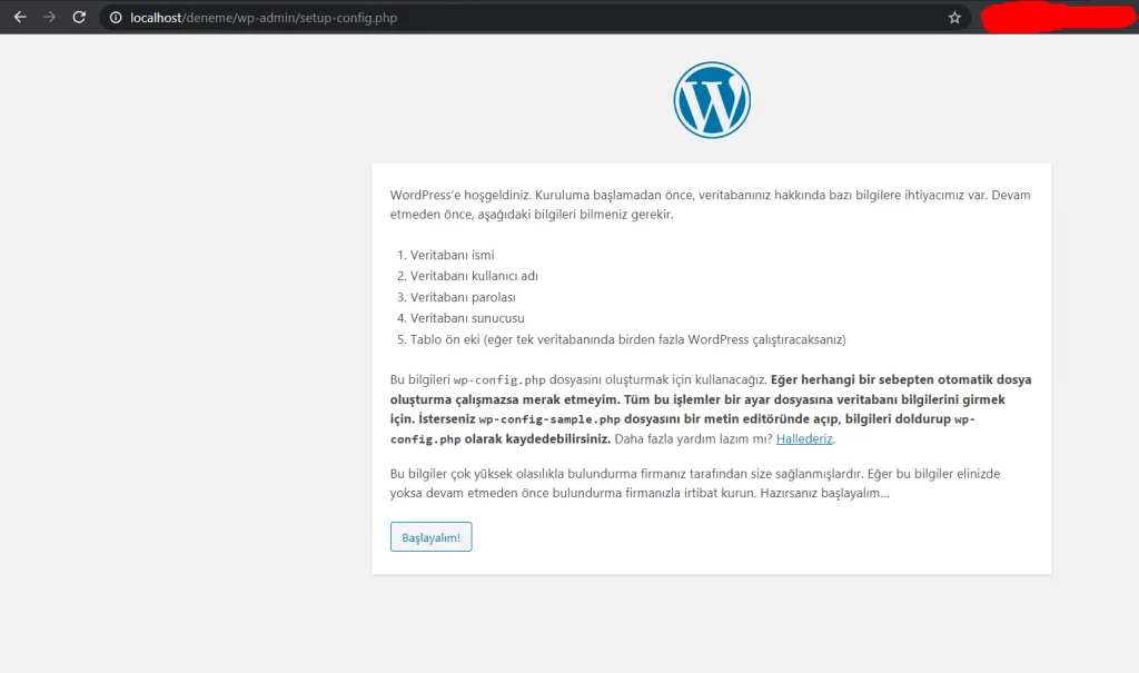 Wordpress Kurulum penceresi