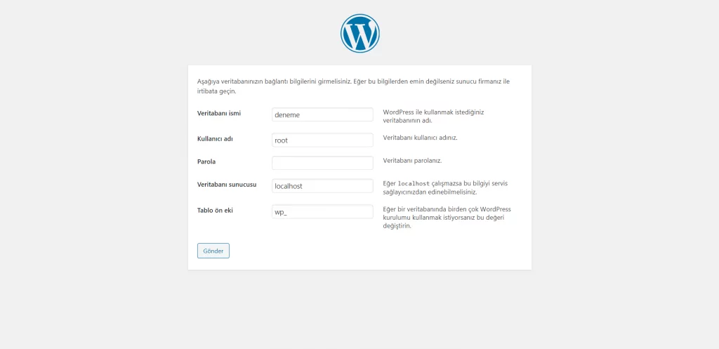 Kurulum veritabanı bağlantısı